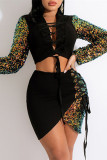 Brown Fashion Sexy Patchwork Sequins Strap Design Turndown Collar Long Sleeve Two Pieces