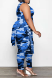 Blue Fashion Camouflage Print Split Joint O Neck Plus Size Two Pieces