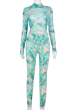 Green Sexy Print Mesh Half A Turtleneck Long Sleeve Two Pieces