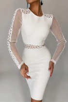 White Fashion Sexy Patchwork Solid Hollowed Out See-through O Neck Long Sleeve Dresses