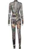 Green Sexy Print Mesh Half A Turtleneck Long Sleeve Two Pieces