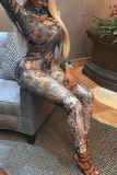 Green Sexy Print Mesh Half A Turtleneck Long Sleeve Two Pieces