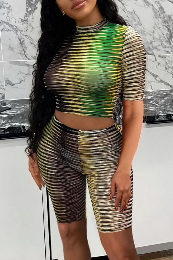 Green Fashion Sexy Gradual Change Not Positioning Printed See-through Half A Turtleneck Short Sleeve Two Pieces