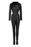 Burgundy Sexy Solid Patchwork Buckle Slit Asymmetrical Turndown Collar Long Sleeve Two Pieces