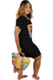 Black Fashion Sexy adult Ma'am White Black Orange Yellow Cap Sleeve Short Sleeves V Neck Swagger Knee-Length Hand-painted Print Patchwork Dresses