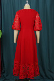Red Fashion Casual Patchwork Solid Hollowed Out O Neck Long Dress