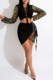Brown Fashion Sexy Patchwork Sequins Strap Design Turndown Collar Long Sleeve Two Pieces