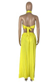 Yellow Sexy Solid Bandage Backless Slit Swimwears Three-piece Set
