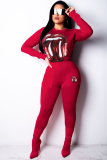 Red Blends Elastic Fly Long Sleeve Mid Patchwork Sequin pencil Pants 