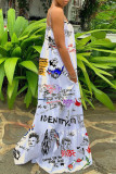 White Sexy Casual Print Backless Spaghetti Strap Long Dress Dresses