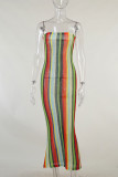 Multicolor Fashion Sexy Striped Print Backless Strapless Long Dress