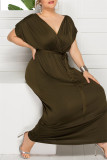 Burgundy Fashion Casual Plus Size Solid Split Joint V Neck Long Dress