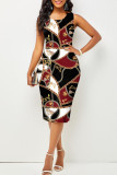 Red Fashion Print Patchwork O Neck One Step Skirt Dresses
