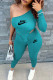 Lake Blue Fashion Street Print Asymmetrical One Shoulder Long Sleeve Two Pieces