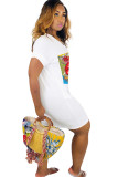 Yellow Fashion Sexy adult Ma'am White Black Orange Yellow Cap Sleeve Short Sleeves V Neck Swagger Knee-Length Hand-painted Print Patchwork Dresses