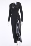 Black Fashion Sexy Solid Slit V Neck Long Sleeve Dresses