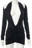 Black Sexy Solid Hollowed Out Halter Pencil Skirt Dresses