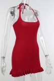 Red Sexy Solid Patchwork Halter Trumpet Mermaid Dresses