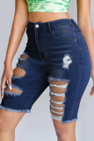 Baby Blue Casual Street Solid Ripped Make Old Split Joint High Waist Denim Shorts