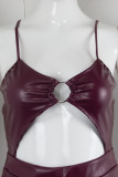 Burgundy Sexy Solid Hollowed Out Patchwork Backless Slit Spaghetti Strap Sling Dress Dresses