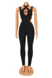 Black Fashion Sexy Solid Hollowed Out Backless Spaghetti Strap Skinny Jumpsuits