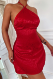 Red Sexy Solid Patchwork Halter Straight Dresses