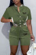 Army Green Casual Letter Print Patchwork O Neck Short Sleeve Two Pieces