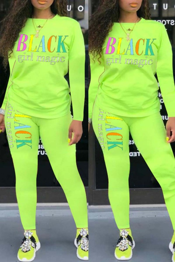 Fluorescent Green Fashion Casual Letter Print Basic O Neck Long Sleeve Two Pieces