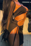 Black Sexy Solid Patchwork Halter Long Sleeve Two Pieces