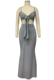 Grey Sexy Solid Split Joint Spaghetti Strap Sleeveless Two Pieces