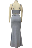 Grey Sexy Solid Split Joint Spaghetti Strap Sleeveless Two Pieces