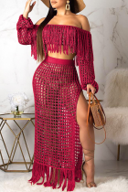 Burgundy Sexy Pierced See-through Off the Shoulder Long Sleeve Two Pieces