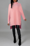 Pink Fashion Casual Solid Slit Turtleneck Tops