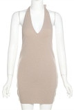 Khaki Fashion Sexy Solid Bandage Backless Halter Sleeveless Dress Dresses