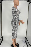 Black Gray Fashion Sexy Print Patchwork O Neck One Step Skirt Dresses