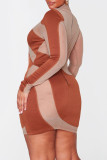 Brown Sexy Solid Patchwork See-through Half A Turtleneck One Step Skirt Dresses