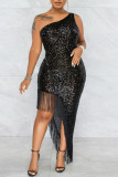 Black Fashion Sexy Patchwork Tassel Sequins Asymmetrical One Shoulder Evening Dress