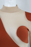 Brown Sexy Solid Patchwork See-through Half A Turtleneck One Step Skirt Dresses