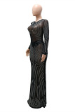 Black Fashion Sexy Patchwork Hot Drilling See-through O Neck Evening Dress