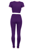 Purple Casual Sportswear Solid Split Joint O Neck Short Sleeve Two Pieces
