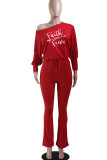 Red Casual Print Split Joint Oblique Collar Straight Jumpsuits
