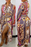 Colour Fashion Casual Print Slit Turndown Collar Long Sleeve Shirt Dress