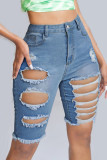 Black Casual Street Solid Ripped Make Old Split Joint High Waist Denim Shorts