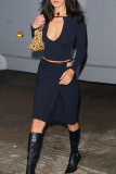 Black Fashion Sexy Solid Hollowed Out O Neck Long Sleeve Two Pieces