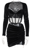 Black Sexy Solid Mesh Square Collar Long Sleeve Two Pieces