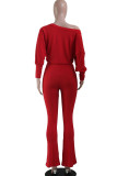Red Casual Print Split Joint Oblique Collar Straight Jumpsuits