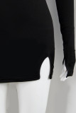 Black Sexy Solid Hollowed Out Patchwork Slit O Neck One Step Skirt Dresses