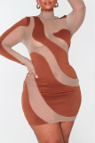 Brown Sexy Solid Patchwork See-through Half A Turtleneck One Step Skirt Dresses