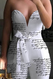 White Fashion Sexy Print Patchwork With Belt Strapless Straight Jumpsuits