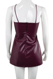 Burgundy Sexy Solid Hollowed Out Patchwork Backless Slit Spaghetti Strap Sling Dress Dresses